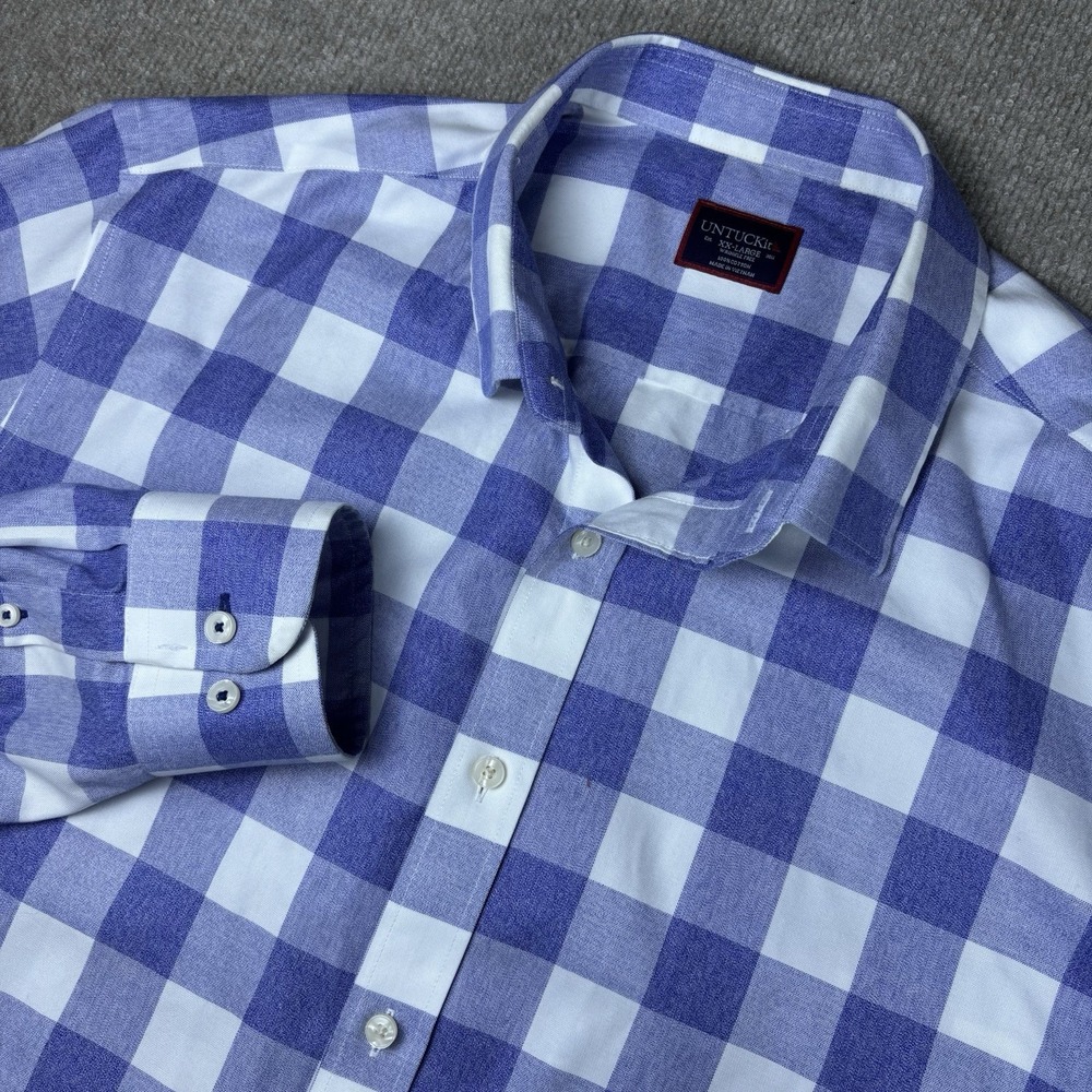 UNTUCKit Rian WF Shirt Mens XXXL Blue White Plaid Check 100% Cotton Wrinkle Free